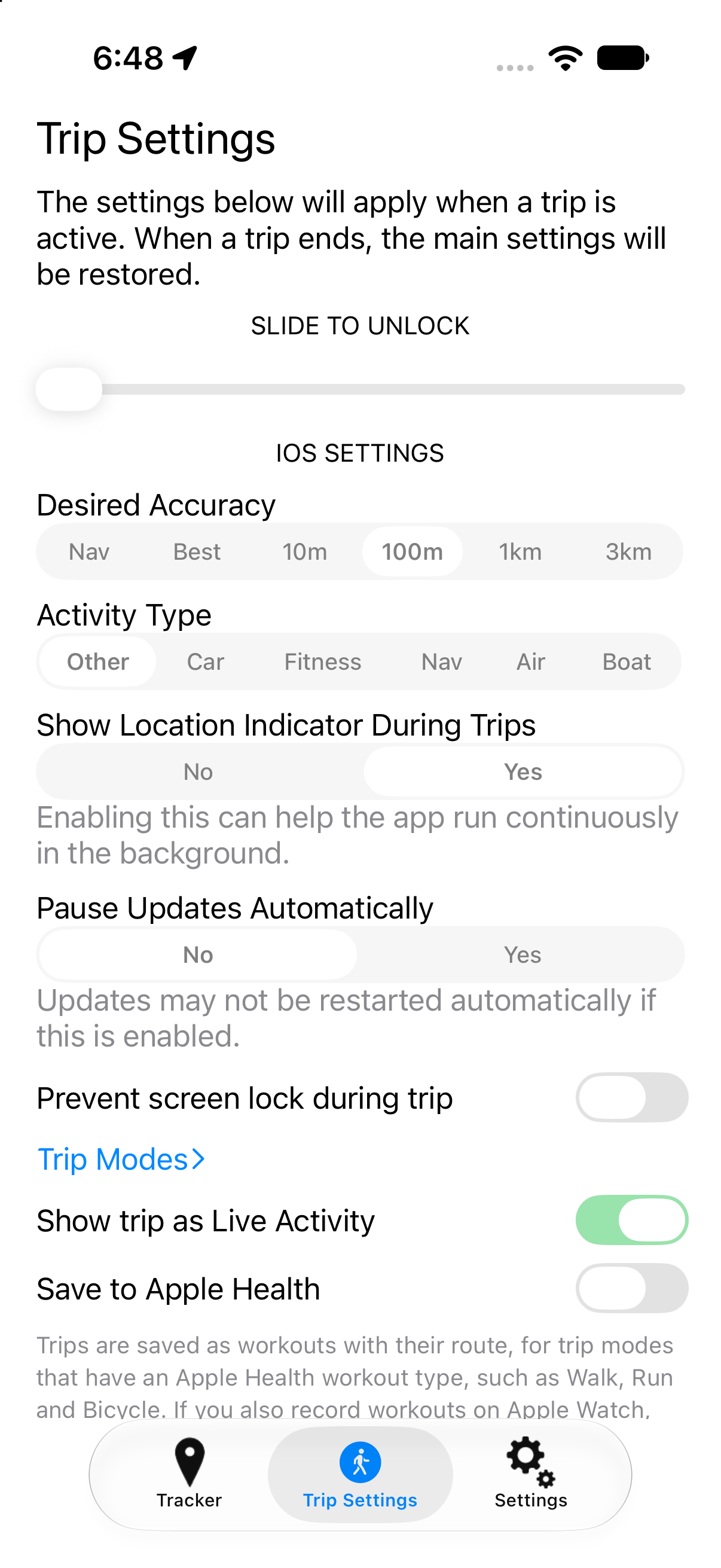 The trip settings screen, with accuracy, Live Activity and Apple Health options